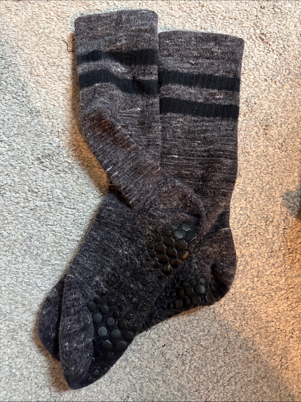 Pure Barre Women's Gray Crew Grip Socks with Black Stripes